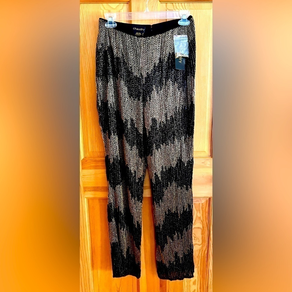 Chaudry NWT Silk Hand Beaded Pants SZ S Anthropologie Black Gold Silver Chevron